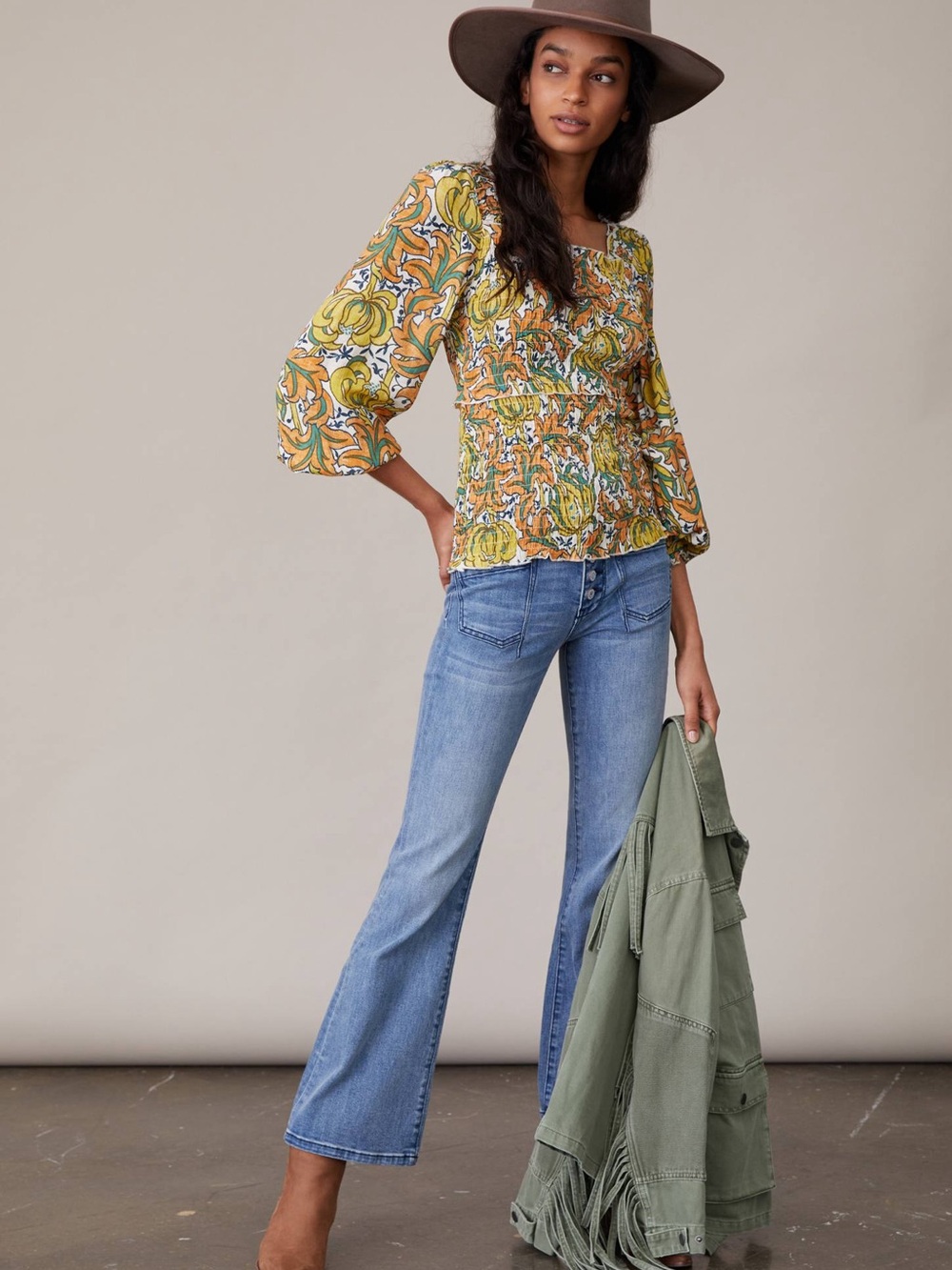 Anthropologie Rayna Smocked Floral Blouse Square Neck Puff Sleeve Boho - Picture 2 of 9